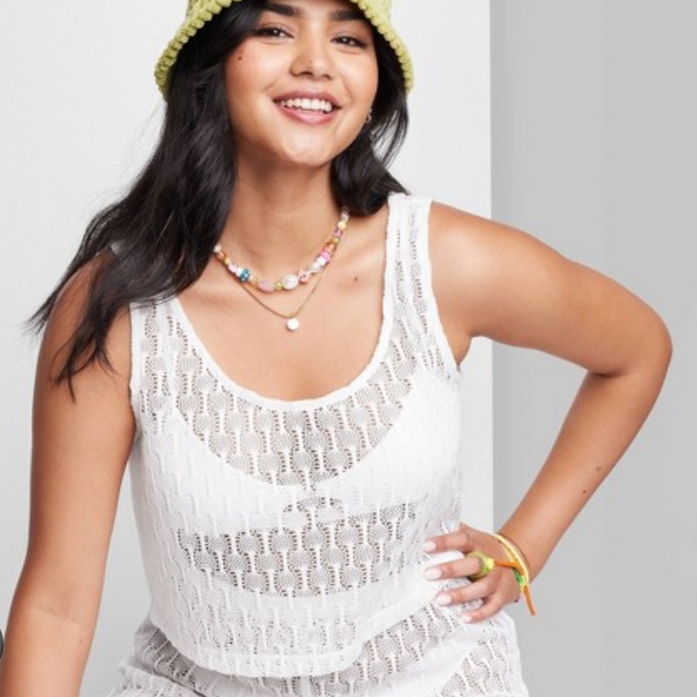 wild fable White Crochet Knit Tank & High Rise Pants Swim Coverup-Matching Set